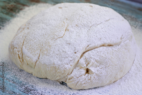 Fresh crude dough mixed and kneaded from wheat flour during baking