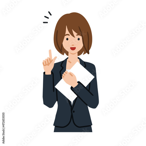 立って書類を手に持って何かひらめいたスーツの女性