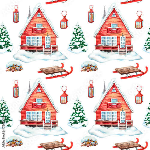 Seamless background with watercolor house  sled  tree  lanterns  firewood