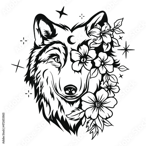 Vector wolf with flowers. Wolf head.