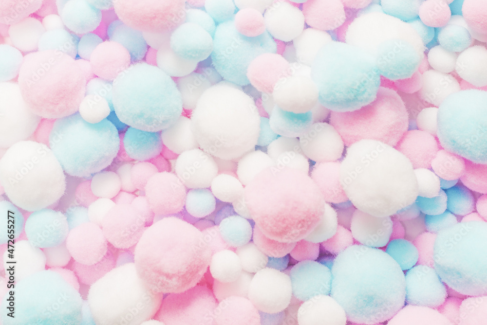White, pink and blue soft pompons White, pink and blue soft pompons