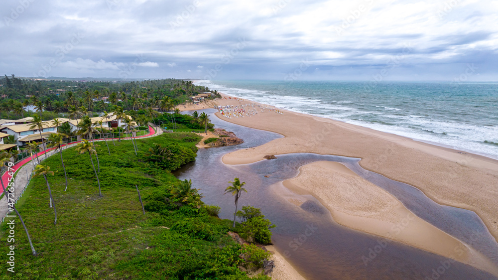 Aerial view of Imbassai beach, Bahia, Brazil. Beautiful beach in the northeast with a river and palm trees.