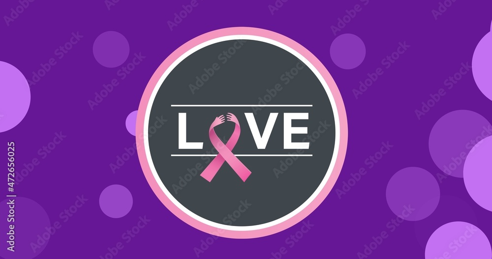 Vector image of love text with breast cancer ribbon against purple background, copy space