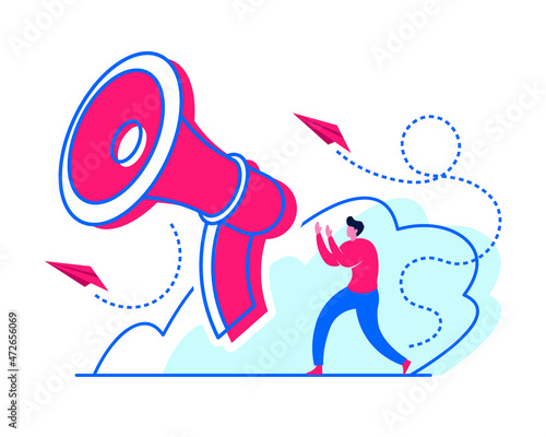 Announcing News Vector Illustration - Amazing illustration of a guy yelling at a megaphone suitable for website, mobile apps, news, notification, and illustration in general - Vector Flat Illustration