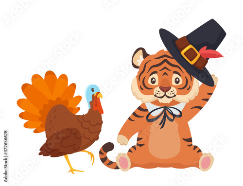 Tiger with pilgrim hat and turkey isolated