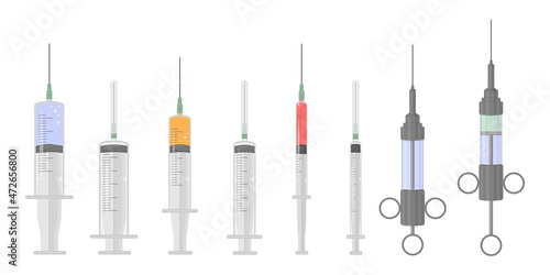 A set of medical syringes of various shapes and purposes. Syringes for injection. Disposable and reusable vintage syringes filled with medicine. Vector