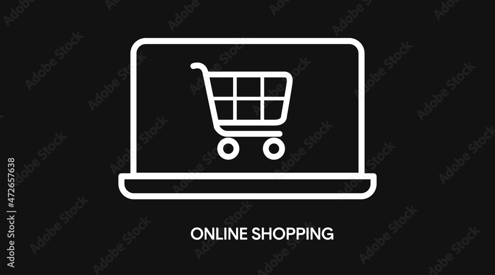 Online Shopping Icon. Vector black and white isolated editable illustration of a laptop with a cart Online Shopping Icon. Vector black and white isolated editable illustration of a laptop with a cart