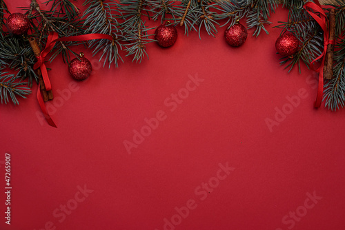 christmas background with red balls and pine