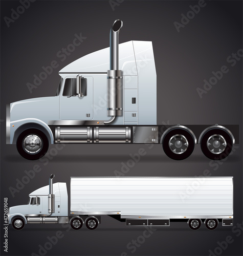 white semi trailer truck long nose realistic
