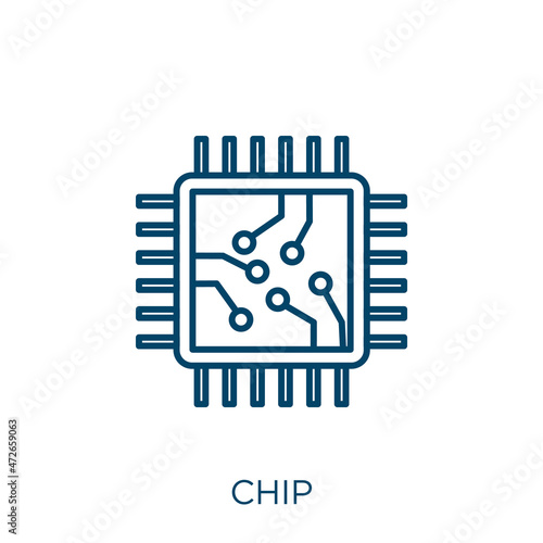 chip icon. Thin linear chip outline icon isolated on white background. Line vector chip sign, symbol for web and mobile.