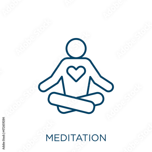 meditation icon. Thin linear meditation outline icon isolated on white background. Line vector meditation sign, symbol for web and mobile.