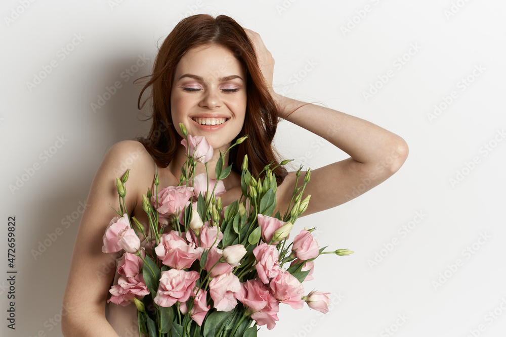 attractive woman pink flower bouquet fashion summer Studio Model