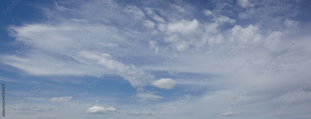Panoramic photo of blurred sky. Blue sky background with cumulus clouds Panoramic photo of blurred sky. Blue sky background with cumulus clouds