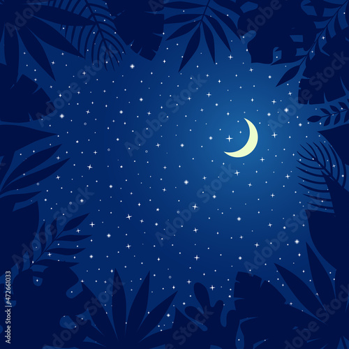 Square background with tropical leaves on night starry sky with half moon. Vector illustration in blue colors for banner, poster, flyer, card, invitation, cover.