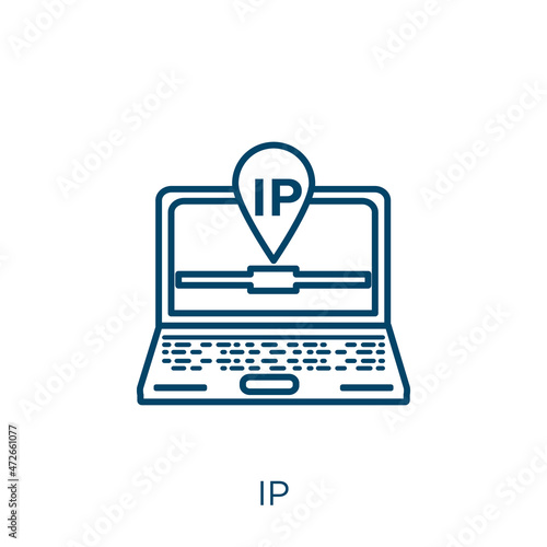 ip icon. Thin linear ip outline icon isolated on white background. Line vector ip sign, symbol for web and mobile.