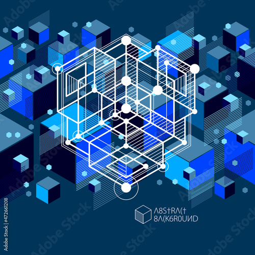 Technical blueprint, vector blue black digital background with geometric design elements, cubes. Engineering technological wallpaper made with honeycombs.