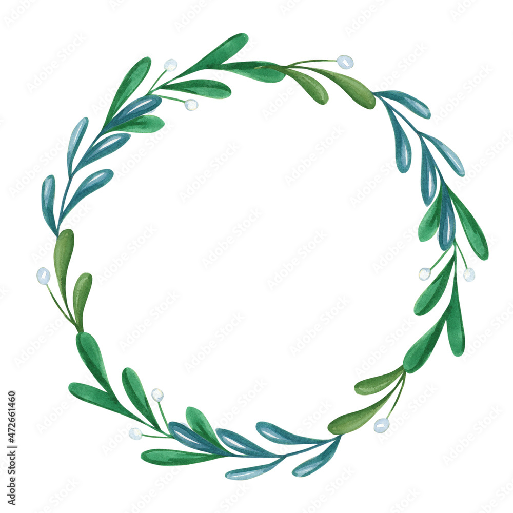 Watercolor Merry Christmas wreath with mistletoe,green twigs on white background.