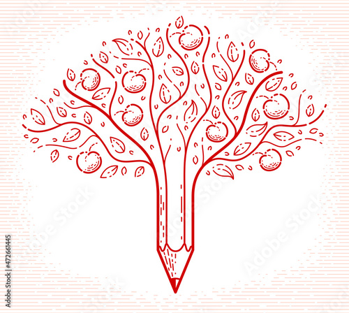 Beautiful fruit apple tree with pencil combined into a symbol, creativity and ideas concept vector linear style logo or icon. Art and design conceptual allegory.