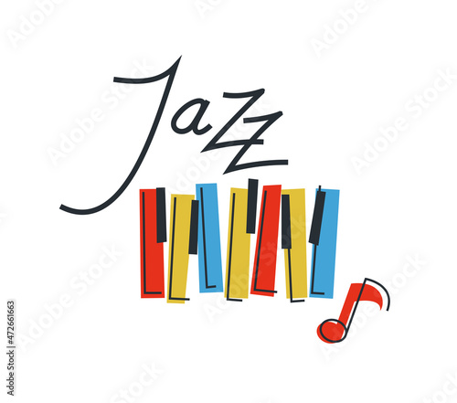 Jazz music emblem or logo vector flat style illustration isolated, grand piano logotype for recording label or studio or musical band.