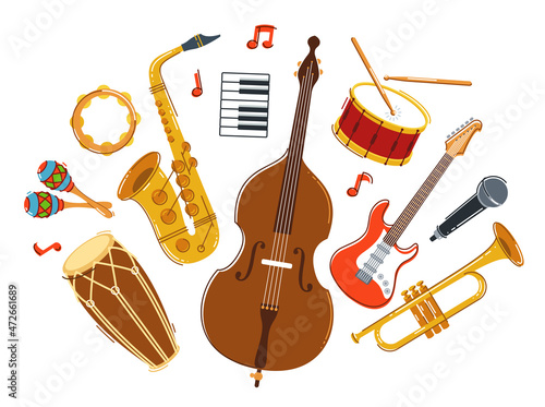 Jazz music band concept different instruments vector flat illustration isolated on white background, live sound festival or concert, musician different instruments set.