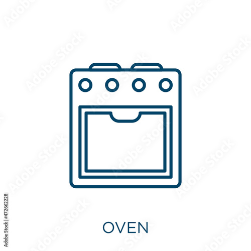 oven icon. Thin linear oven outline icon isolated on white background. Line vector oven sign, symbol for web and mobile.