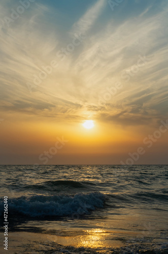 Beautiful sunset on the seaside coast. Vertical crop. © Elena