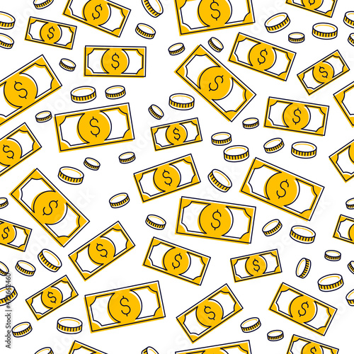 Money cash seamless background, dollar currency money signs, backdrop for financial business website or economical theme ads and information, vector wallpaper or web site background.