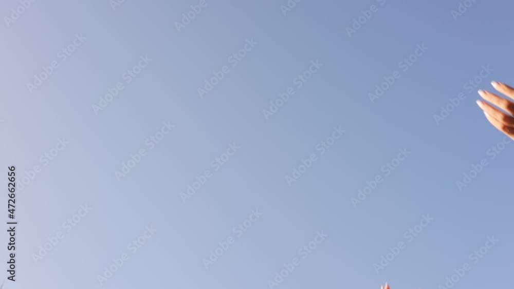 Closeup view 4k slow motion video of two female hands isolated on clear sunny blue sky background. Anonymous woman throwing many yellow dry fall leaves outdoors happily on sunny autumn day Closeup view 4k slow motion video of two female hands isolated on clear sunny blue sky background. Anonymous woman throwing many yellow dry fall leaves outdoors happily on sunny autumn day
