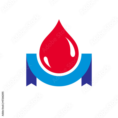 Blood drop and ribbon vector logo or icon isolated on white, concept of cardiology and blood transfusion.