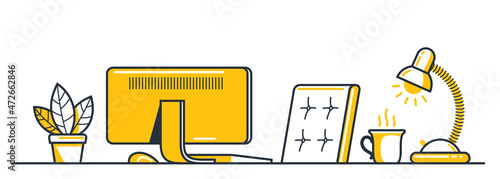 Place of work office table desk vector flat illustration isolated over white, work from home comfortable work space concept, empty chair nobody vacant job concept.