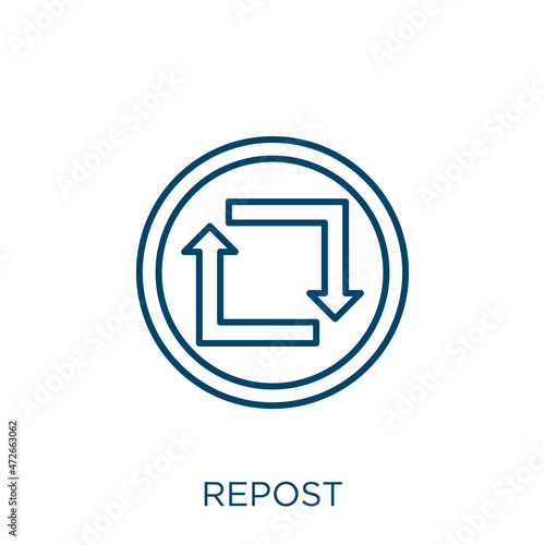 repost icon. Thin linear repost outline icon isolated on white background. Line vector repost sign, symbol for web and mobile.