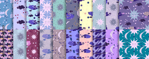 Set seamless patterns magic astrology for kids with celestial elements, sun, moon, stars and clouds.Endless patterns for baby textiles with space theme. Vector illustration Galaxy Mystic astrology.