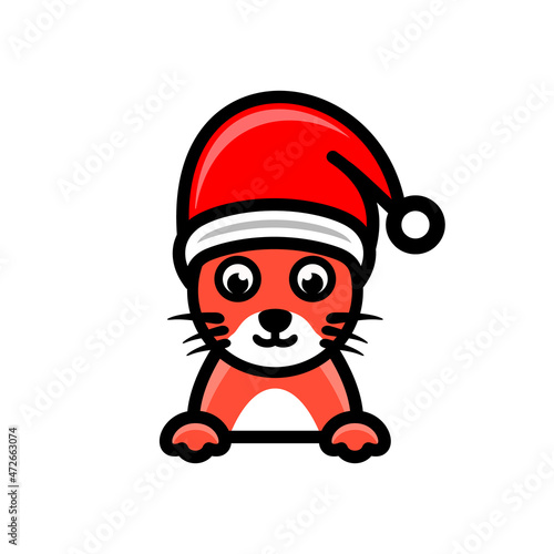 Simple cat with a christmas hat in white background , vector logo design template