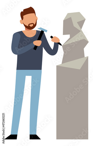 Man sculpting statue. Stone sculptor icon in cartoon style