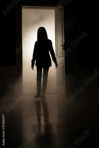 Wallpaper Mural A silhouette of a little girl emerges from a luminous room with smoke in the dark. Torontodigital.ca