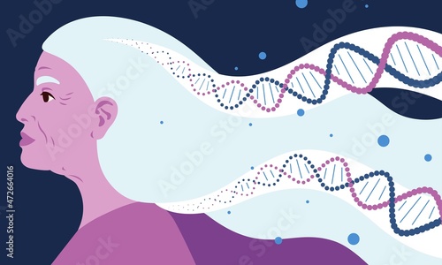Profile of an elderly, old woman with long white hair. Illustration for DNA concept, hereditary diseases and therapy, DNA analysis and applications in the medical field, healthcare, genetic traits. 