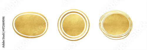 Golden foil texture round, oval vector backgrounds set. Circle, ring shapes with outline. Rounded artistic gold glittering text frames collection, border templates, creative graphic design elements.