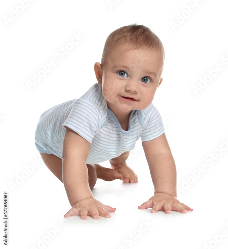 Cute little baby boy crawling on white background © New Africa