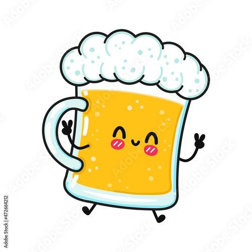 Cute funny jumping glass of beer hand character. Vector hand drawn cartoon kawaii character illustration icon. Isolated on white background. Glass of beer character concept