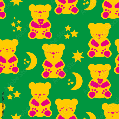 Cute sleepy kawaii bears, stars moon vector seamless pattern background. Tropical color backdrop with pink orange teddy bear and celestial shapes. Cartoon characters for sleeping well, babies, kids