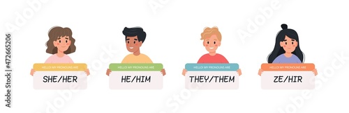 Gender pronouns - people holding signs with different pronouns, male, female and non-binary characters. Vector illustration in flat style photo