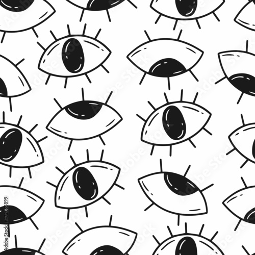 Seamless pattern with eyes in doodle style. Background black and white illustration.