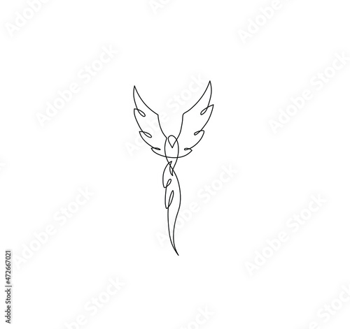 Vector isolated phoenix bird single line art drawing. Colorless black and white flying phoenix bird with outstretched wings and long tail graphic tattoo, cloth print layout, laser engraving 