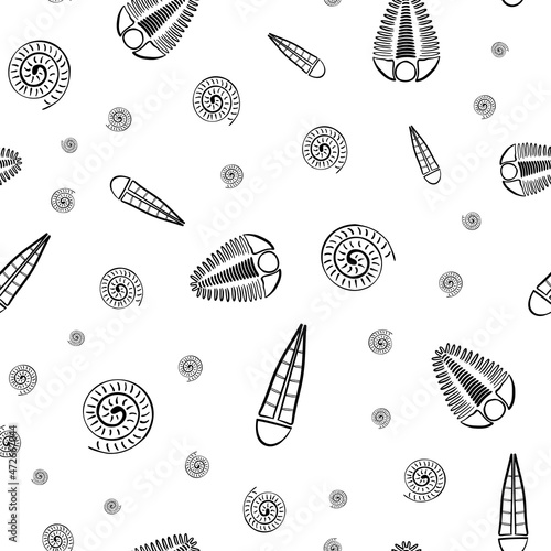 Ammonite trilobite haplophrentis vector seamless pattern background. Hand drawn shell cephalopod, arthropod, hyolithis ribbed fossils Extinct marine predators and filter feeders. For natural history