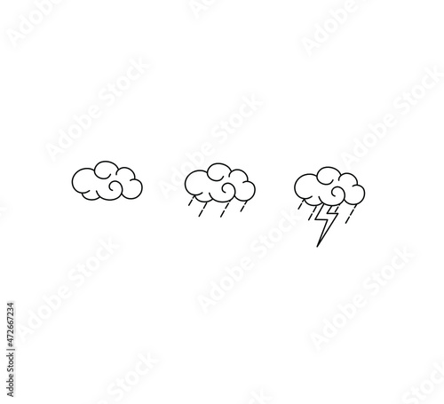 Vector isolated simple curlicues curly rain thundercloud. Clouds set line drawn icon logotype symbol emblem