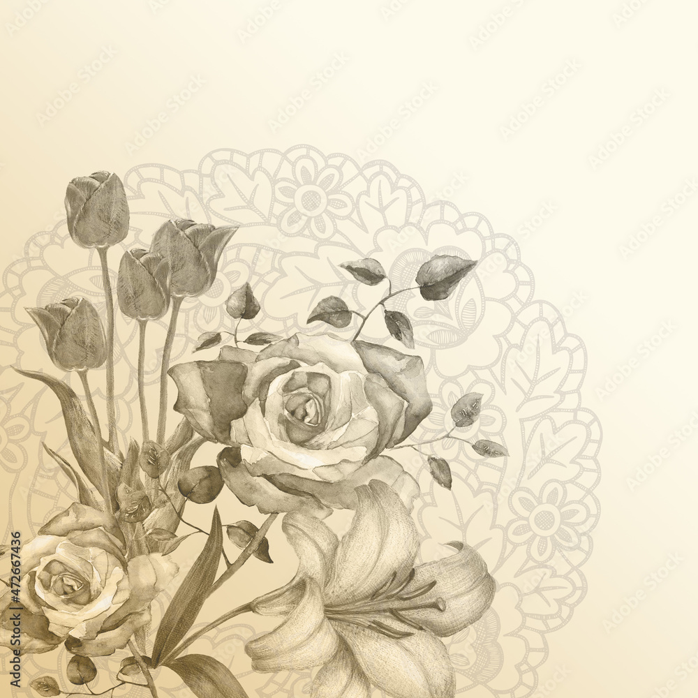Watercolor monochrome bouquet of flowers on beige lace background. Holiday illustration. Watercolor monochrome bouquet of flowers on beige lace background. Holiday illustration.