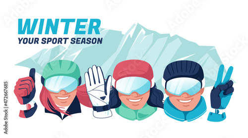 Characters of different happy people dressed in ski equipment show welcome gestures with their hands against the backdrop of a mountain landscape. Flat vector illustration