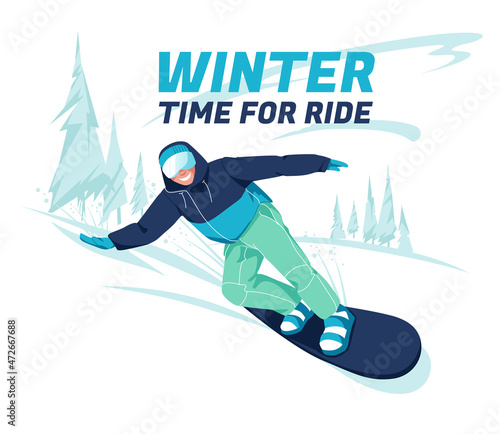 scene of snowboarder riding board at snowy mountainsides or slopes.  Colorful flat vector illustration