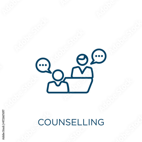 counselling icon. Thin linear counselling outline icon isolated on white background. Line vector counselling sign, symbol for web and mobile.