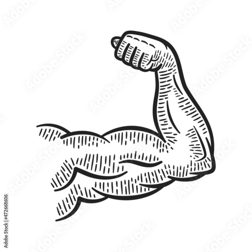 A strong arm showing its biceps muscle. Engraving drawing style. Vector illustration.